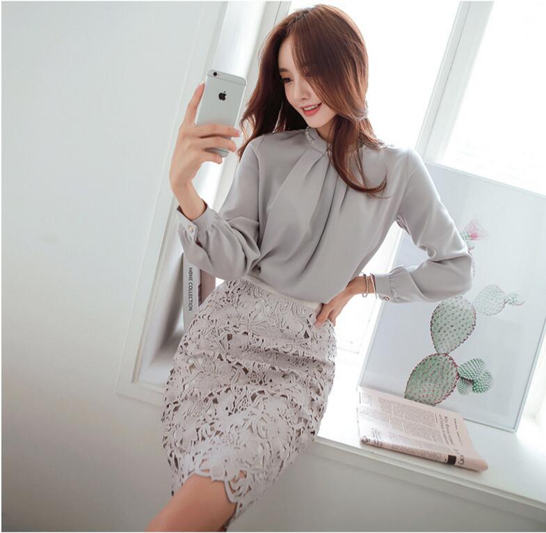 [해외] 여성 신상 긴소매 쉬폰셔츠 레이스 치마 세트 슬림 투피스