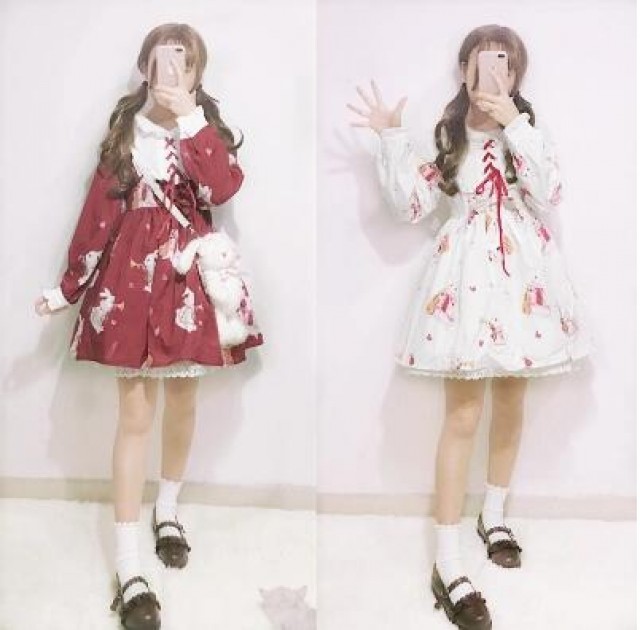 [해외] 봄 사랑스러운 빈티지 드레스 토끼 lolita 긴 소매 원피스
