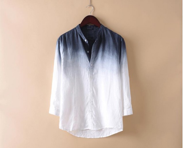 [해외] 봄 신상 남성 패션 캐주얼 루즈핏 그러데이션 하이넥 아마포 남방 와이셔츠