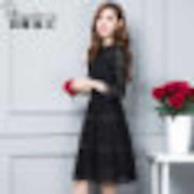 [해외]W14412C 블랙 스커트 조수의 긴 섹션에서 검은 색의 끝에 얇은 일곱 소매의 레이스 드레스 봄 2018 새로운 여성 한국어 버전