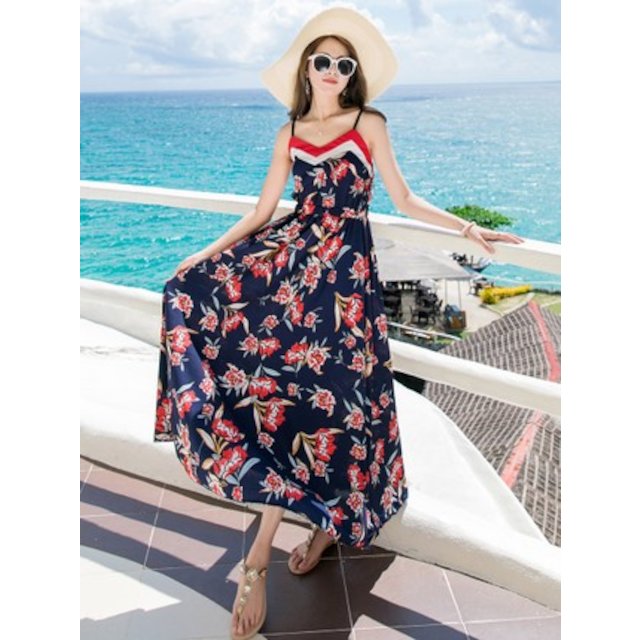[해외] 여성 여름 프리트 플라워 치마 하네스 드레스 해변 휴가 슬림 드레스