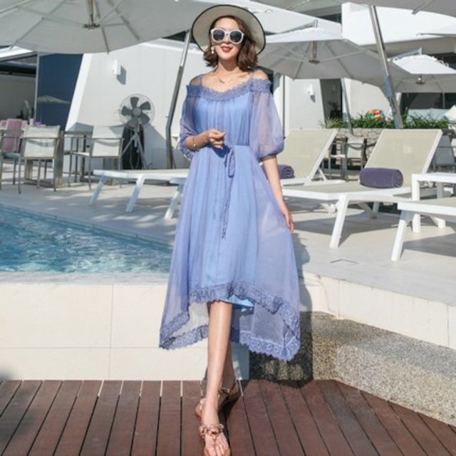[해외] 여성 여름 시폰 드레스 빅사이즈 해변 치마 얇은 해변 휴가 드레스