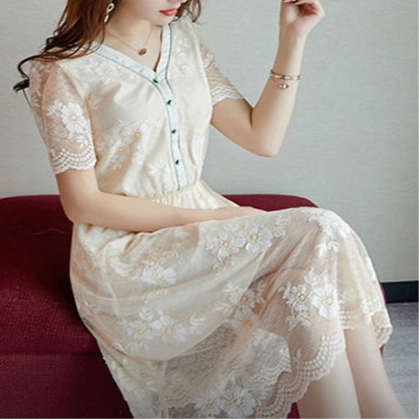 [해외] 여성의류 민트 파이핑 레이스 슬림 드레스